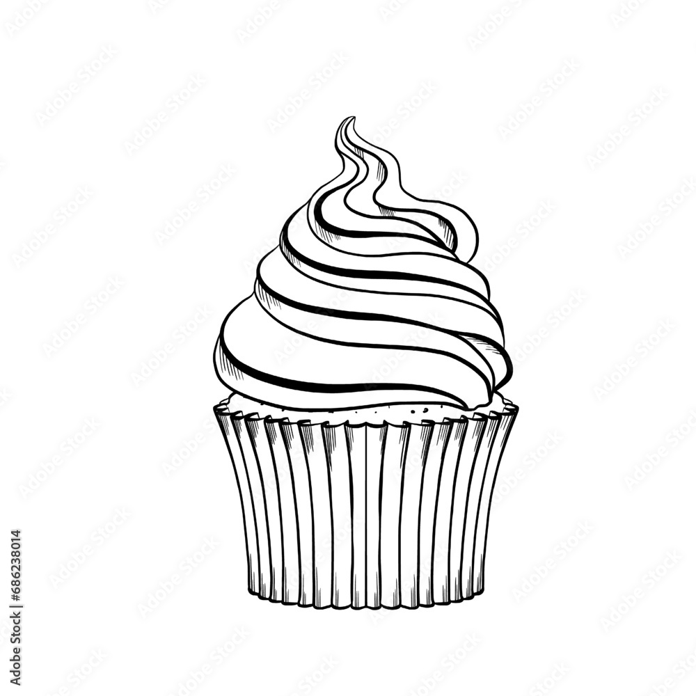 Classical cupcake with cream. Vector illustration. Grapgic style. hand drawn in a simple minimalist style. Can be used for kitchen, notes, cookbook, textile. Classical cupcake with cream. Vector illustration. Grapgic style. hand drawn in a simple minimalist style. Can be used for kitchen, notes, cookbook, textile.