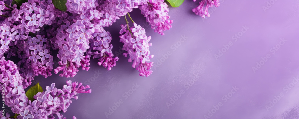 Beautiful lilac flowers with leaves on a purple background and copy space for text. Spring background.