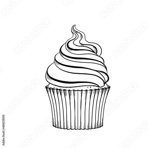 Classical cupcake with cream. Vector illustration. Grapgic style. hand drawn in a simple minimalist style. Can be used for kitchen, notes, cookbook, textile.