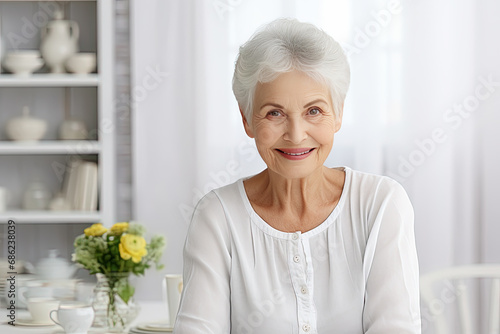 retrato de señora mayor con pelo corto blanco, sentada en un salon decorado con plantas amarillas, muebles y cortinas blancas photo