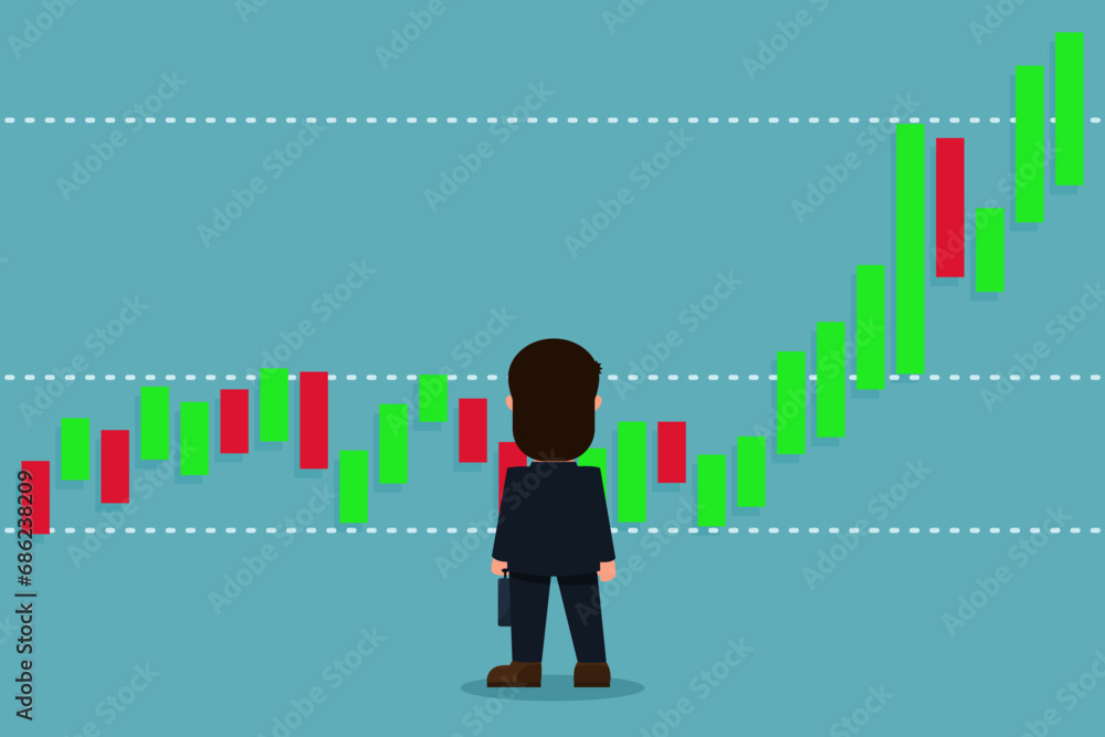 Confident businessman stands and looks at the graph of a growing stock. Growth of profits from investments, financial advisors, or wealth management. Earning money to get rich or increase your income Confident businessman stands and looks at the graph of a growing stock. Growth of profits from investments, financial advisors, or wealth management. Earning money to get rich or increase your income