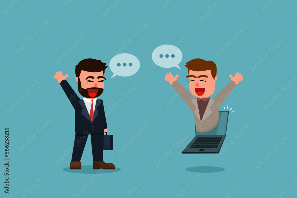 A happy businessman is contacting his business friends via laptop or online contact. Businessmen connecting online and working on the same project. Online meeting. New normal lifestyle. A happy businessman is contacting his business friends via laptop or online contact. Businessmen connecting online and working on the same project. Online meeting. New normal lifestyle.
