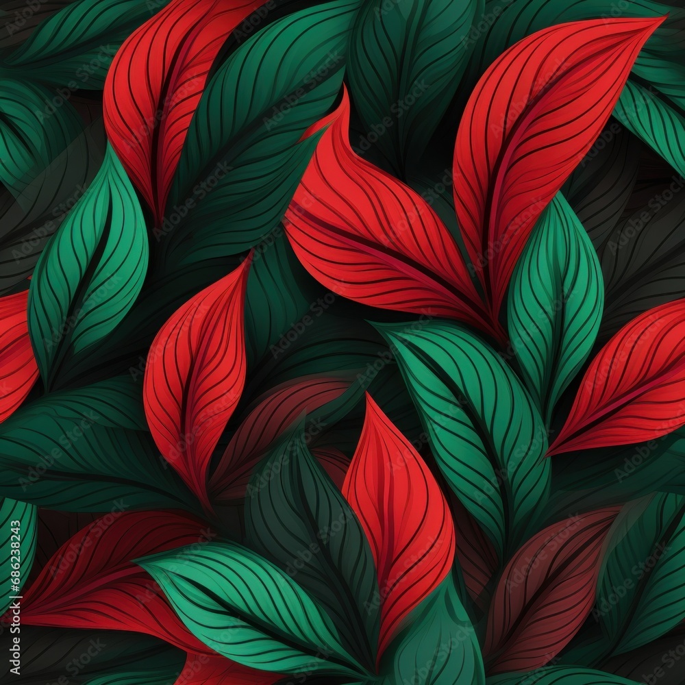 an abstract pattern with red, green, and black leaves seamless pattern background