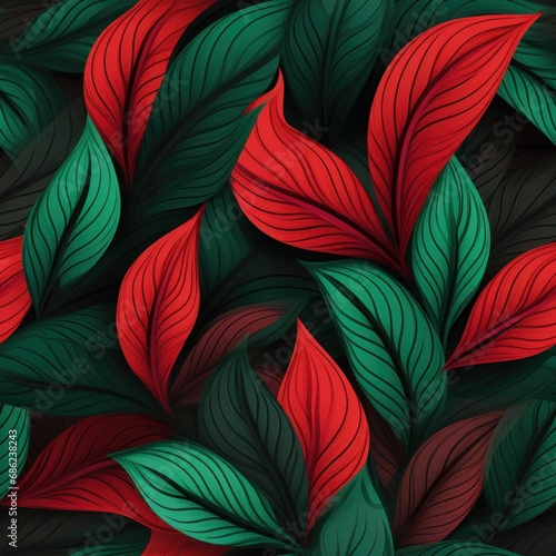 an abstract pattern with red, green, and black leaves seamless pattern backgr...