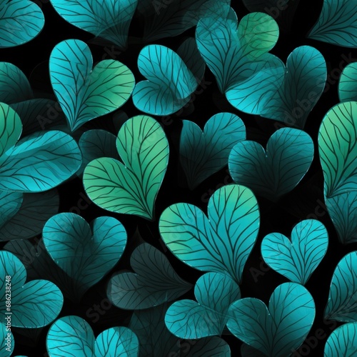 hearty leaves in turquoise squares on a black seamless pattern background