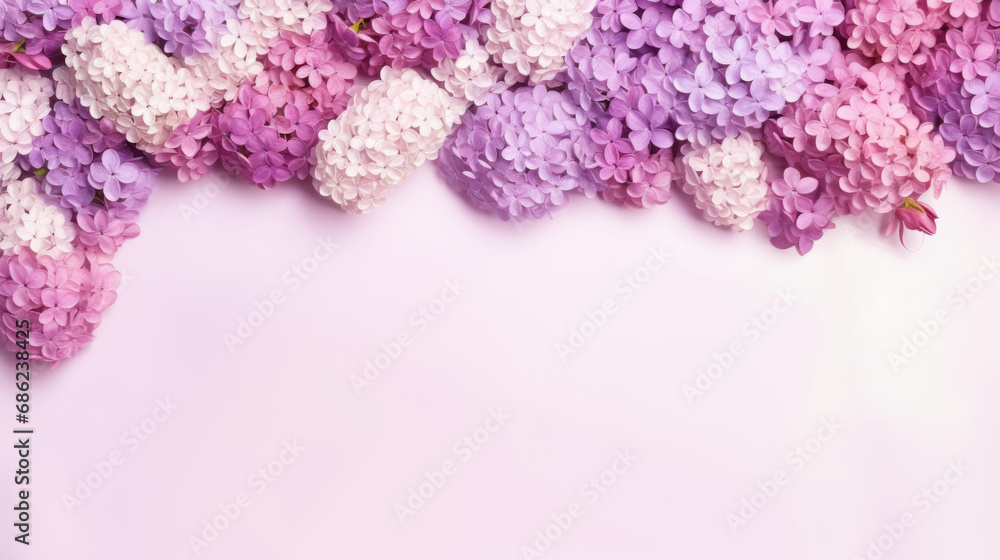 Beautiful lilac flowers in purple and white colors with leaves on a pink background with copy space for text at the bottom. Spring background.