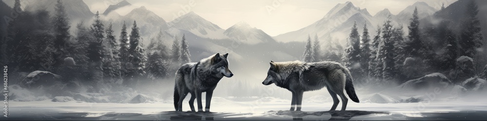 Fototapeta Two beautiful wild arctic wolves in wolf pack in cold snowy winter forest. Couple of gray wolves. Banner with wild animals in nature habitat. Wildlife scene