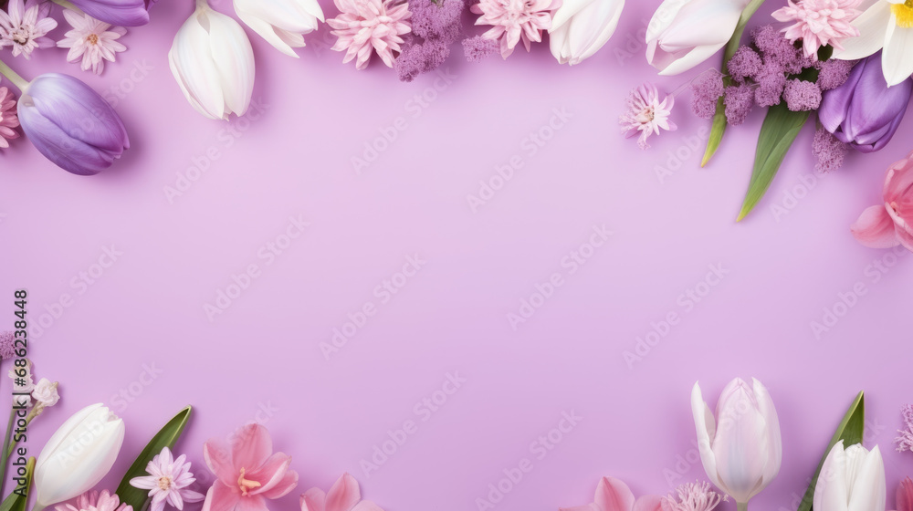 Beautiful white and purple tulips and other flowers with leaves on a light purple background with copy space for text in the center. Spring background.
