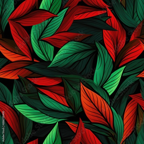 an abstract pattern with red, green, and black leaves seamless pattern backgr...