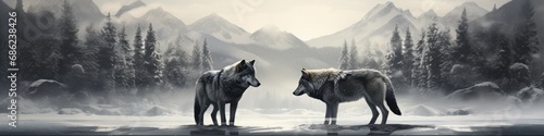 Two beautiful wild arctic wolves in wolf pack in cold snowy winter forest. Couple of gray wolves. Banner with wild animals in nature habitat. Wildlife scene