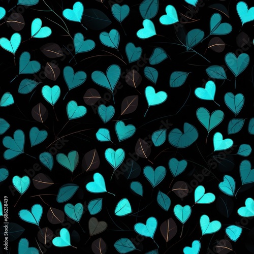 hearty leaves in turquoise squares on a black seamless pattern background