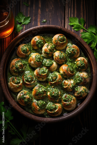 Escargots de Bourgogne on wooden table. French appetizer tradition.