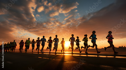 Multinational people running together along the beach line during the sunset. Marathon people or fitness runners during outdoor workout
