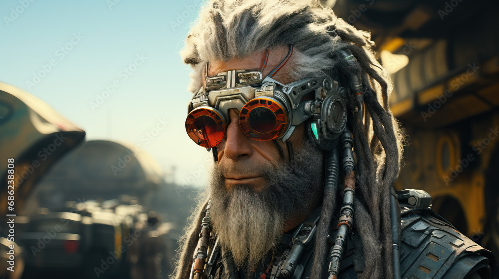 Portrait of a dystopian bounty hunter with cybernetic enhancements, rugged attire, and a steely gaze. Concept of Futuristic Justice, Cybernetic Pursuit, and the Gritty Realities of a Dystopian World. Portrait of a dystopian bounty hunter with cybernetic enhancements, rugged attire, and a steely gaze. Concept of Futuristic Justice, Cybernetic Pursuit, and the Gritty Realities of a Dystopian World.