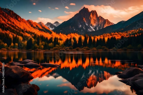 "Create an enchanting sunset over a peaceful mountain range, with vivid colors reflecting on a calm lake."