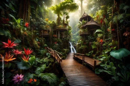  Imagine a vibrant tropical rainforest with exotic flora and fauna  showcasing the biodiversity of the ecosystem. 