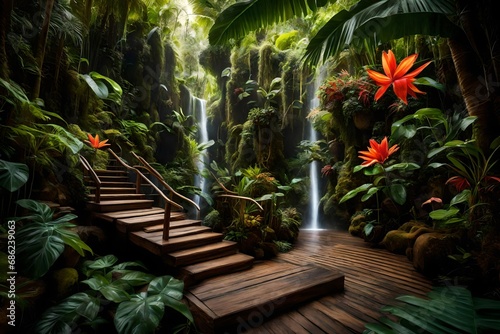  Imagine a vibrant tropical rainforest with exotic flora and fauna  showcasing the biodiversity of the ecosystem. 