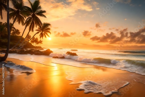 "Generate a tranquil beach at sunrise, with gentle waves, palm trees, and a soft, golden glow."