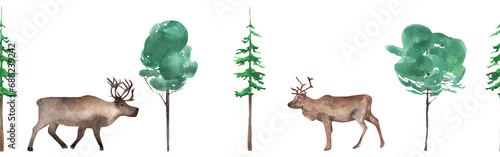Woodland wildlife border. Illustration with animal and tree. Watercolor animal and forest evergreen trees on white background.