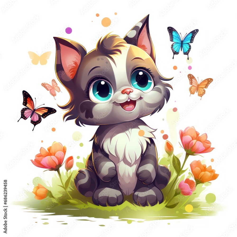 Cartoon Style Adorable Cat Paw Raised Surrounded by Butterflies