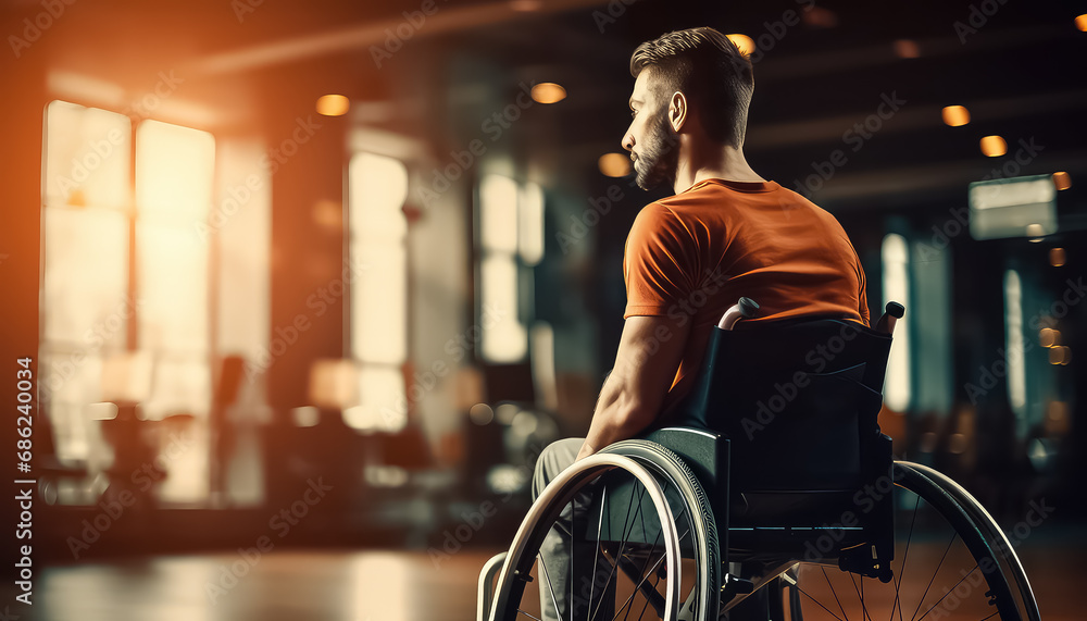 Man after war in wheelchair wheelchair in gym - obrazy, fototapety, plakaty 