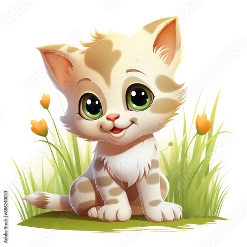 Playful Cartoon Style Kitten on Grass Clipart