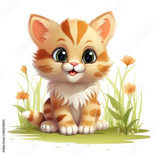 Playful Cartoon Style Kitten on Grass Clipart