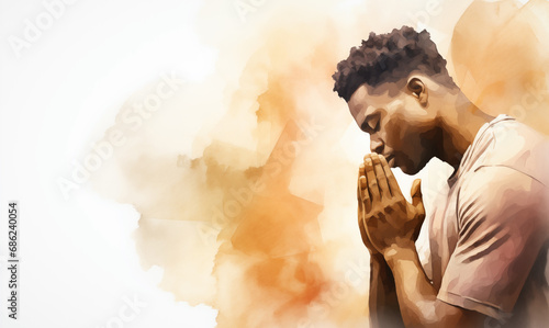 abstract illustration of a handsome young African american black man praying with his hands clasped - profile side view - white background - watercolor strokes - copy space - banner