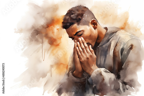 abstract illustration of a handsome young African american black man praying with his hands clasped - white background - watercolor strokes - copy space