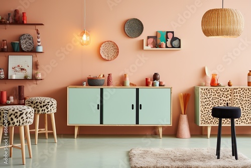 Retro-inspired interior showcasing a mint green sideboard with cheerful decor items on a pink wall background photo