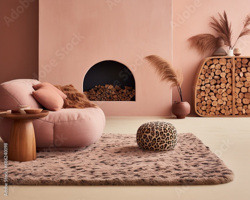 Luxurious cozy living room featuring a soft bean bag chair, modern fireplace, and woodpile within a pastel-themed decor photo