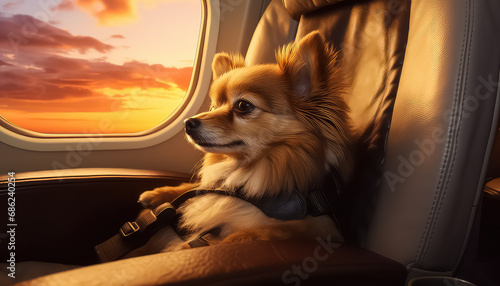Dog on airplane near window at sunset
