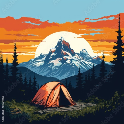 Mountain Range with Tent Silhouette in Foreground