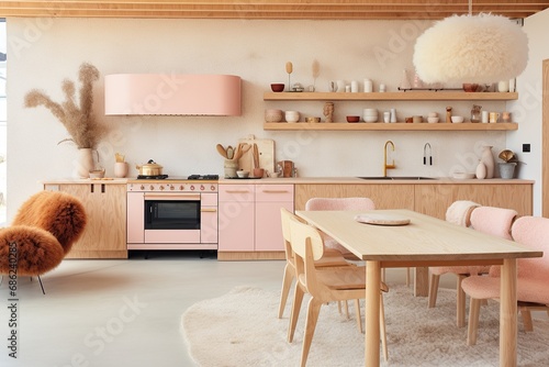 Modern kitchen interior with pastel-toned cabinetry, trendy appliances, and well-organized wooden shelves © Glittering Humanity