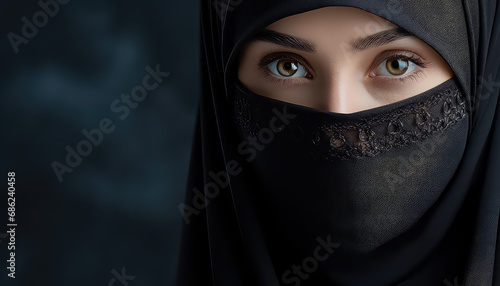 Muslim woman in black headscarf and burqa