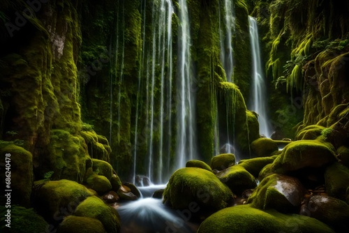  Visualize a majestic waterfall cascading down a moss-covered cliff in a lush  hidden oasis. 