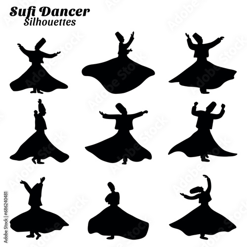 Collection of illustrations of silhouettes of sufi dancer.