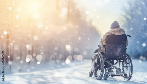 An old man in a wheelchair on a gurney outdoors in winter photo