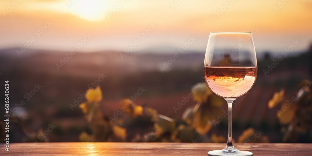 A glass of rosé wine on a table with a blurred restaurant background.