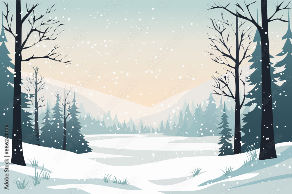 Naklejka premium Winter simple landscape. Trees without leaves, snowdrifts, spruce and pine trees against the backdrop of mountains covered with snow in snowy weather. Design for Christmas or New Year.