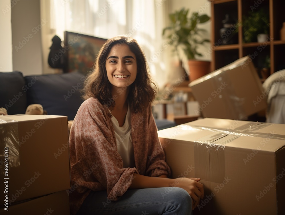 Woman unpacking moving house in her new apartment. Woman unpacking moving house in her new apartment.