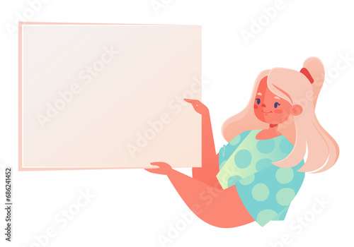 Girl presenting, advertising something on a blank sheet of paper. Backgrounds for presentation. Female character holds a blank layout of the banner, commitment, a place for the text.
