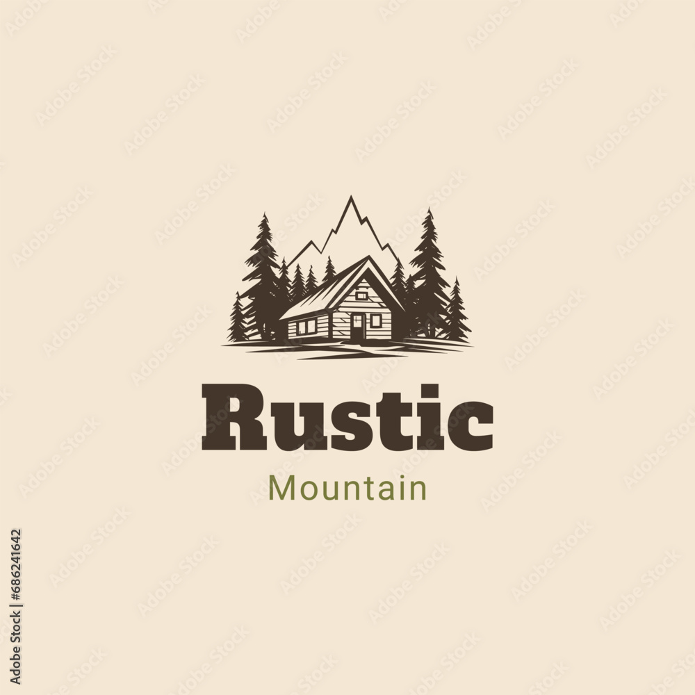 forest wooden house village cabin logo design,premium wooden cabin and pine forest mountain retro vector black logo