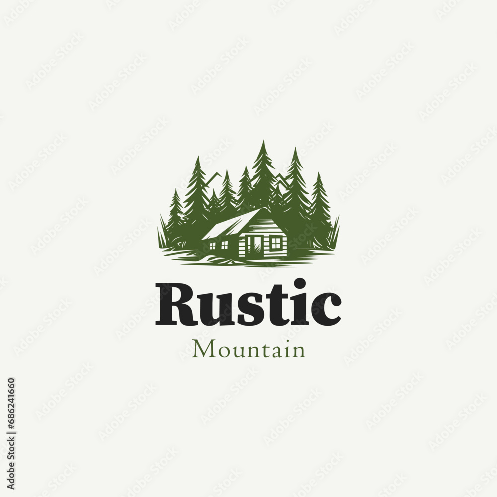forest wooden house village cabin logo design,premium wooden cabin and pine forest mountain retro vector black logo