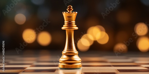 A golden chess queen shines on a blurred board.