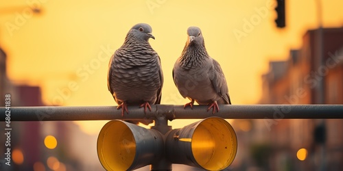 Pigeons sitting on a yellow traffic light, ignoring the red light. photo