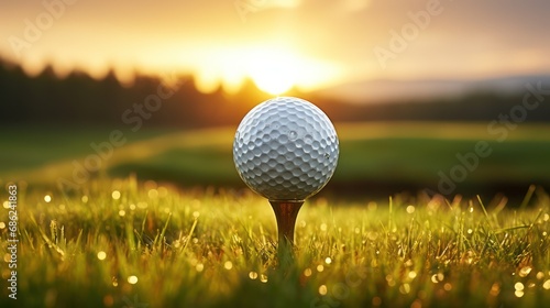 Golf Ball on Tee with Sunrise Background