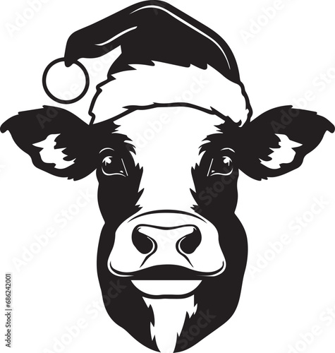 black and white illustration of a cow with Santa hat