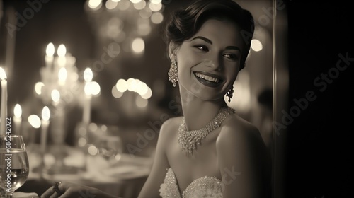 Vintage Black and White Photograph of Woman in Opulent Setting