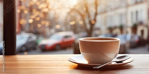 A white coffee cup with a spoon, with a cafe in the background.